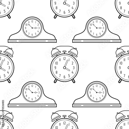 Alarm clock and mantel clocks. Black and white seamless pattern for coloring books, pages.