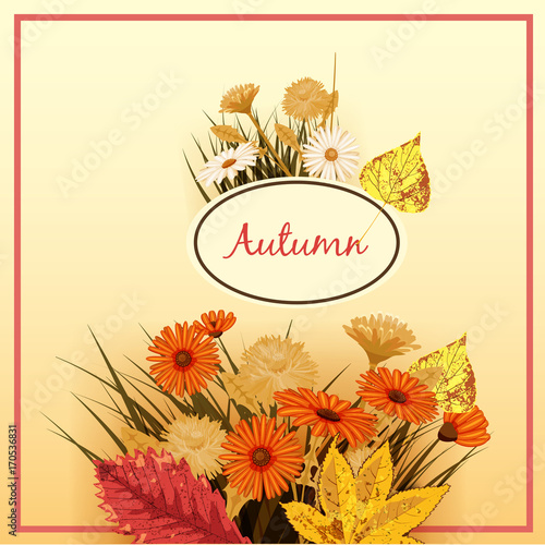 Beautiful autumn flowers, leaves, bouquet, yellow, brown, orange, vector, illustration, banner