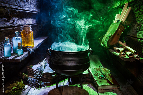 Witcher cauldron with color smoke for Halloween photo