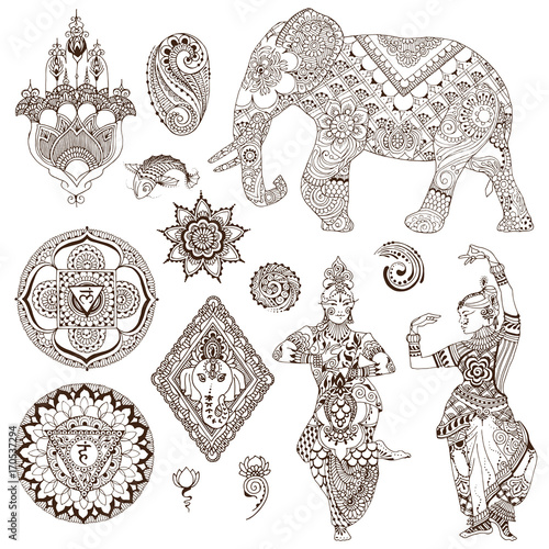 Elephant, dancers, mandalas, hamsa, flowers in the mehendi style. Set of ornate elements for design.
