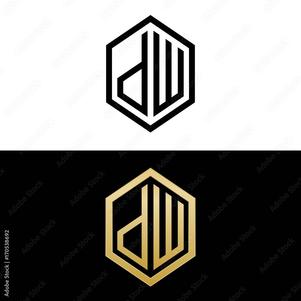 initial letters logo dw black and gold monogram hexagon shape vector ...