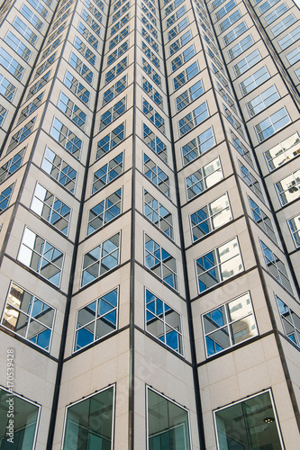 Panoramic and perspective wide angle view to steel blue background of glass