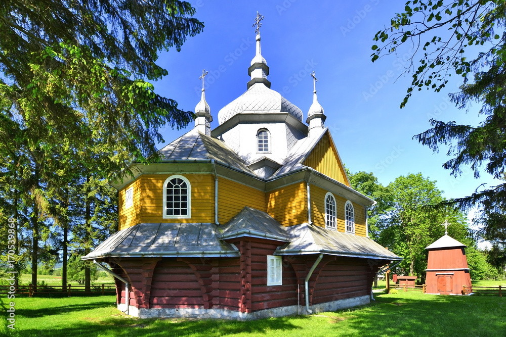Beautiful wooden greek catholic church in Gladyszow village, Beskid Niski, Poland