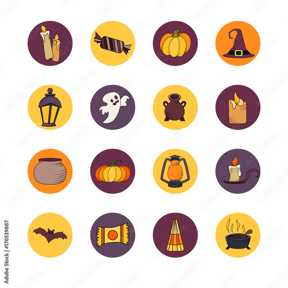 Vector goast, pumpkin, hat icons. Set of hallowen elements. Spooky illustration.