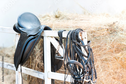 Black leather equestrian sport equipment and accessories hanging on fence
