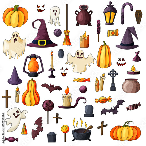Vector goast, pumpkin, hat icons. Set of hallowen elements. Spooky illustration.