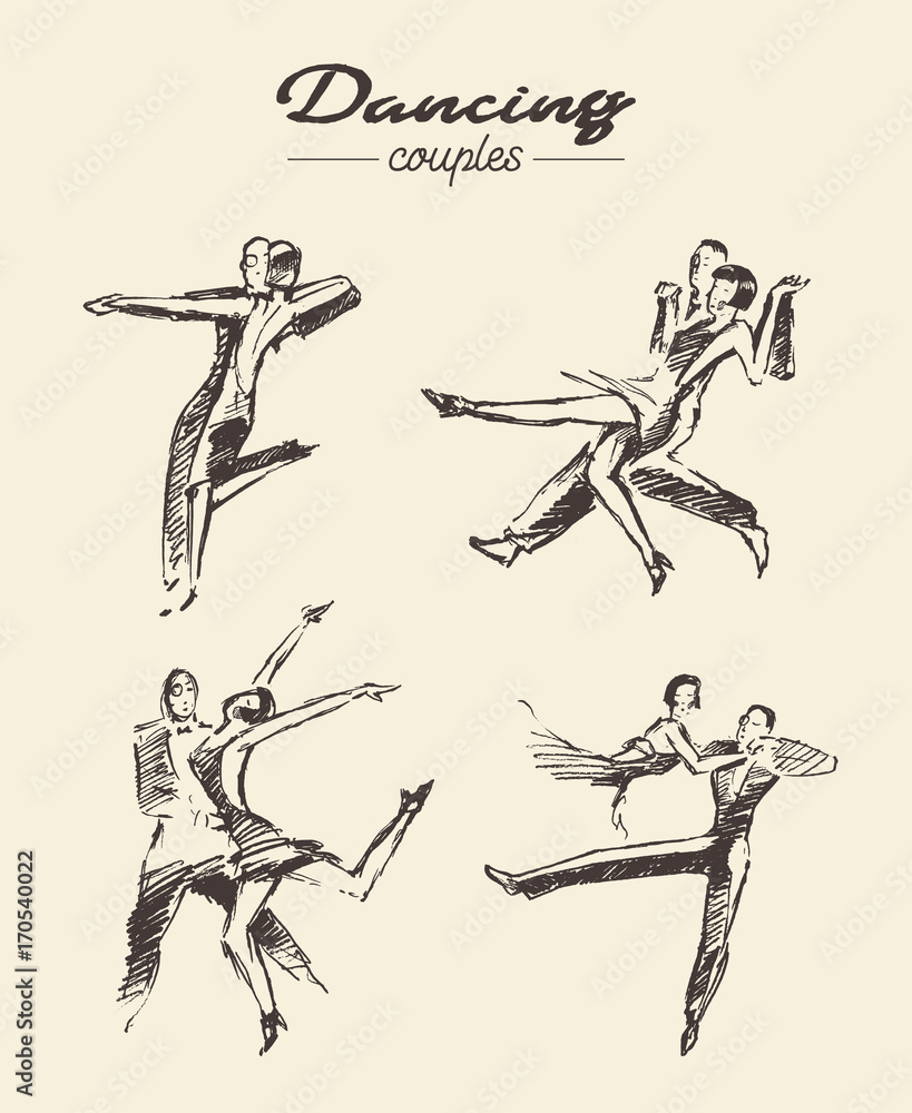 Naklejka premium Set dancing couples, hand drawn vector sketch
