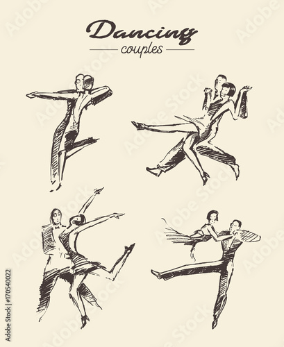 Set dancing couples, hand drawn vector sketch