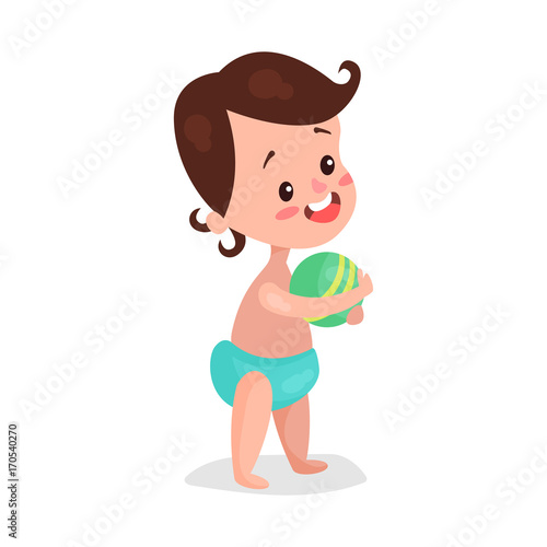 Cute little boy wearing diaper playing with a ball cartoon vector Illustration