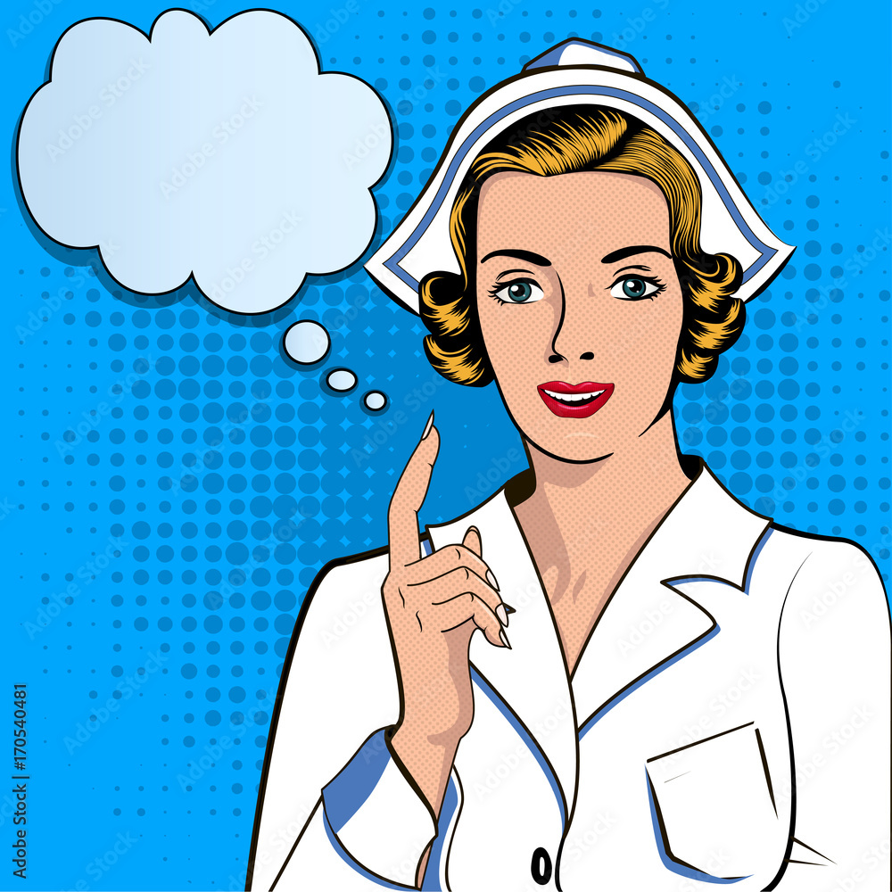 The nurse indicates the message of the illustration of a pop art retro