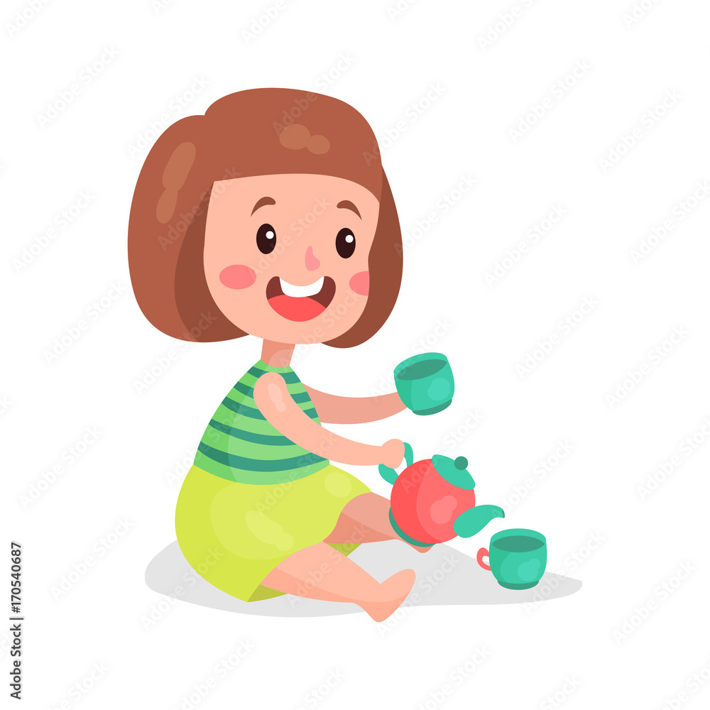 Sweet little girl sitting on the floor playing with toy cups and teapot cartoon vector Illustration