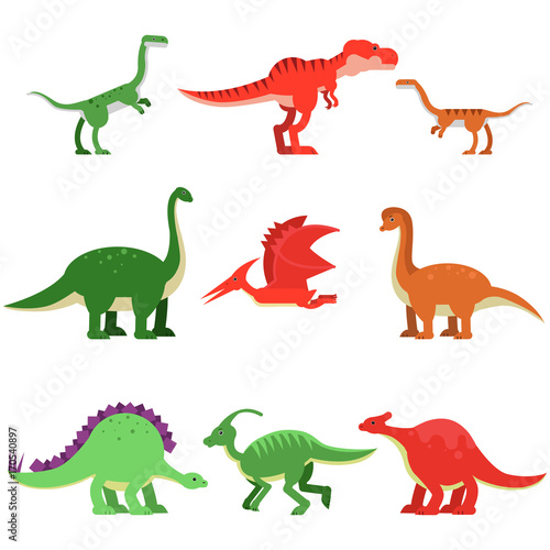 Fototapeta Naklejka Na Ścianę i Meble -  Cute cartoon dinosaur animals set, prehistoric and jurassic monster colorful vector Illustrations