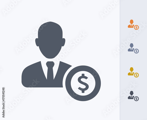 Businessman Avatar & Dollar - Carbon Icons. A professional, pixel-aligned icon designed on a 32x32 pixel grid and redesigned on a 16x16 pixel grid for very small sizes.