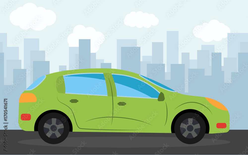 Green sports car in the background of skyscrapers in the afternoon.  Vector illustration.
