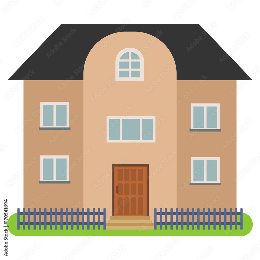 Private house with a black roof and brown walls on a white background. Vector illustration.
