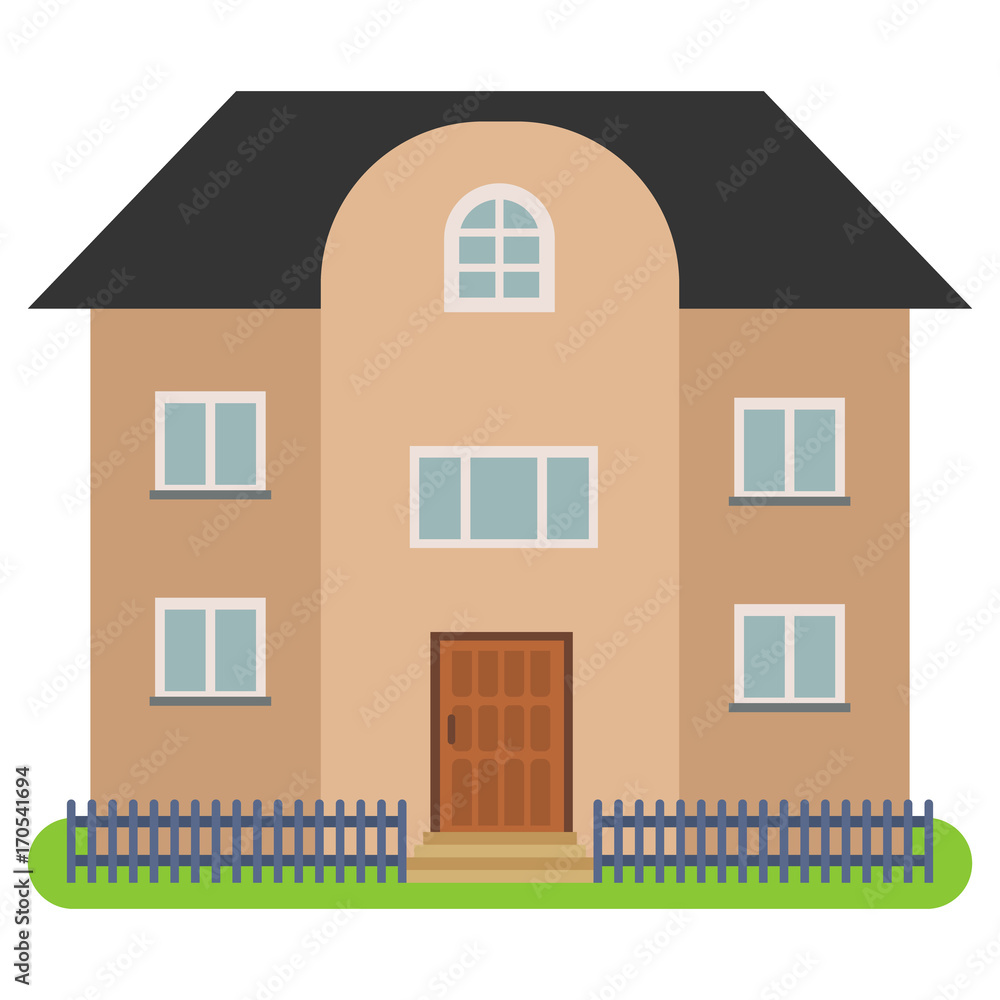 Private house with a black roof and brown walls on a white background. Vector illustration.
Private house with a black roof and brown walls on a white background. Vector illustration.