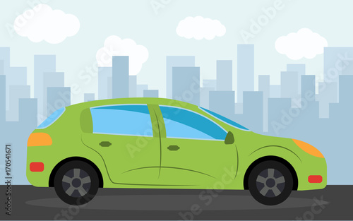 Green sports car in the background of skyscrapers in the afternoon.  Vector illustration.  