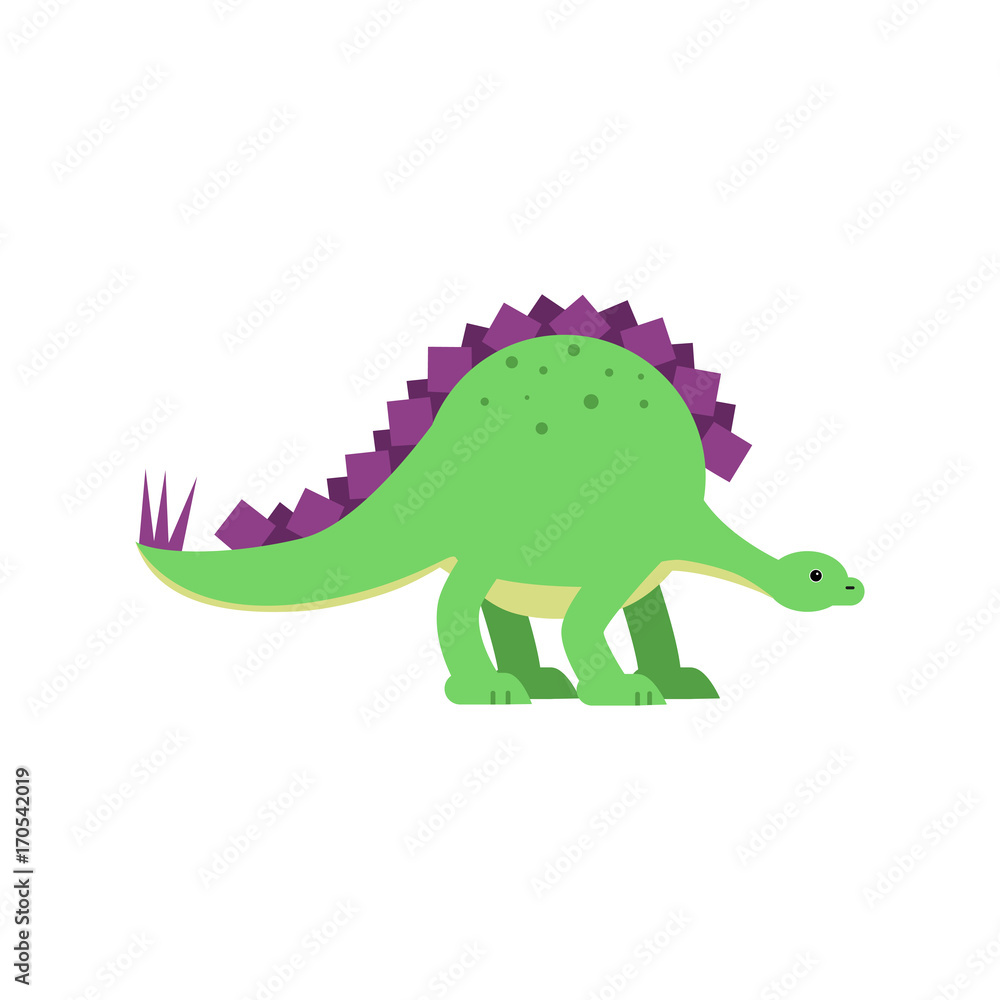Fototapeta premium Cute cartoon green stegosaurus dinosaur, prehistoric and jurassic monster vector Illustration