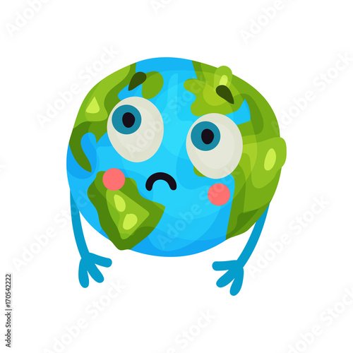 Cute cartoon funny Earth planet emoji, humanized globe character with emotions colorful vector Illustration