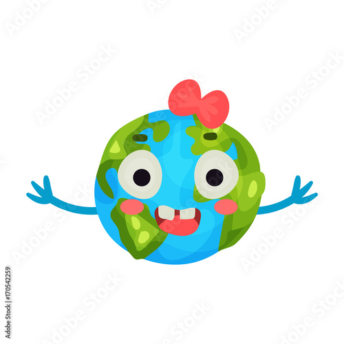 Funny smiling cartoon Earth planet emoji with red bow, humanized globe character with emotions colorful vector Illustration