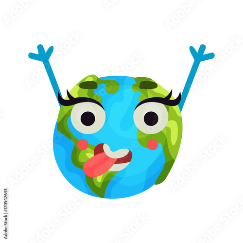 Cute cartoon happy Earth planet emoji raising hands, humanized globe character with emotions colorful vector Illustration