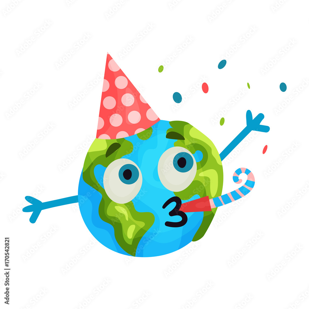 Cute cartoon funny Earth planet emoji wearing party hat blowing a  noisemaker, humanized globe character with emotions colorful vector  Illustration Stock Vector | Adobe Stock
