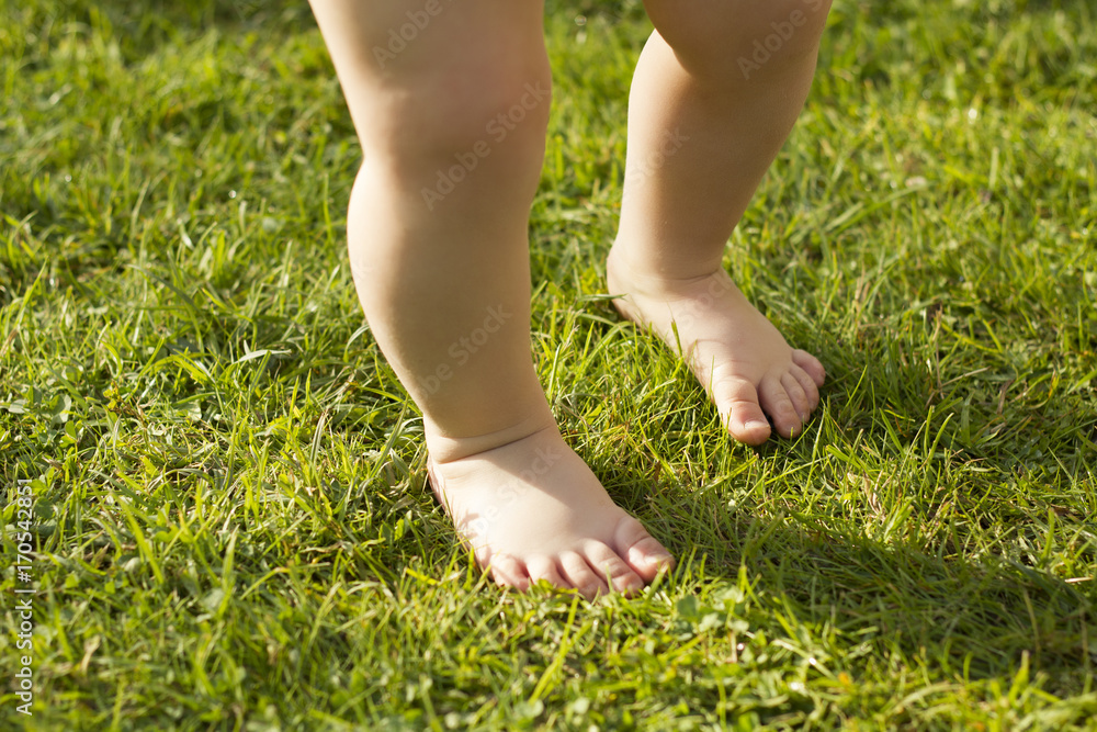 the little girl's feet in the grass