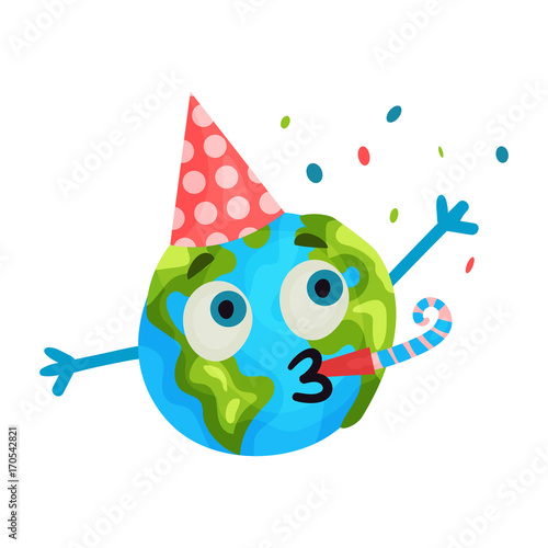 Cute cartoon funny Earth planet emoji wearing party hat blowing a noisemaker, humanized globe character with emotions colorful vector Illustration
