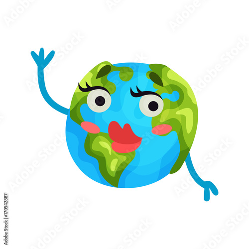 Cute cartoon flirty Earth planet emoji with red lips, humanized globe character with emotions colorful vector Illustration
