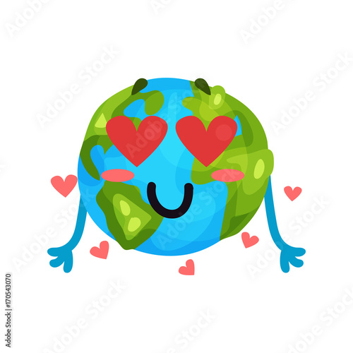 Cute cartoon funny Earth planet emoji in love, humanized globe character with emotions colorful vector Illustration