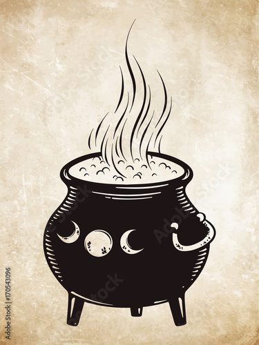 Boiling magic cauldron vector illustration. Hand drawn wiccan design, astrology, alchemy, magic symbol or halloween design photo