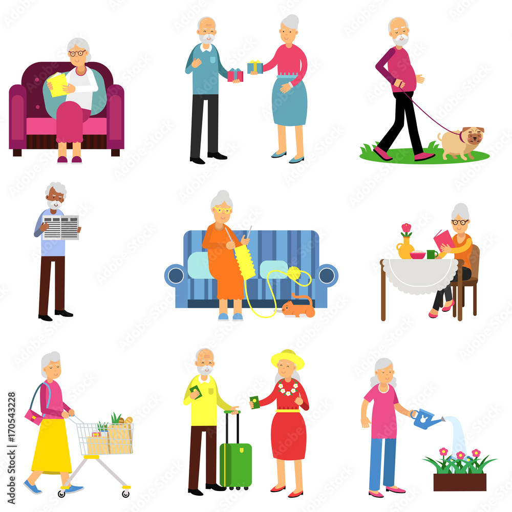 Senior man and woman activities set, elderly people lifestyle colorful vector Illustrations