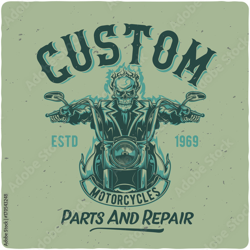 T-shirt or poster design with illustrated skeleton riding on the motorcycle.