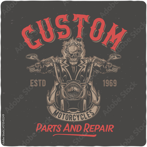 T-shirt or poster design with illustrated skeleton riding on the motorcycle.
