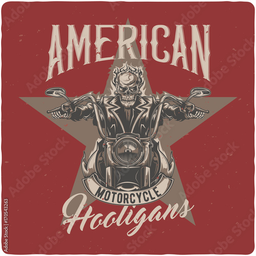 T-shirt or poster design with illustrated skeleton riding on the motorcycle.