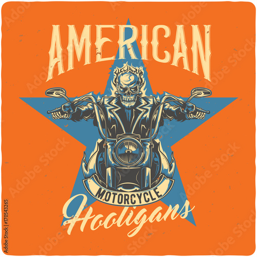 T-shirt or poster design with illustrated skeleton riding on the motorcycle.