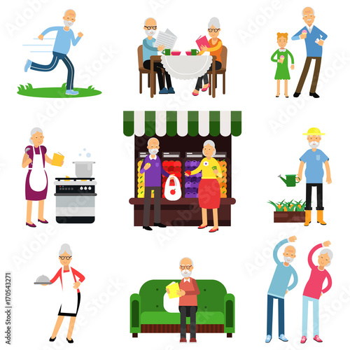Senior people activities set, elderly man and woman lifestyle colorful vector Illustrations