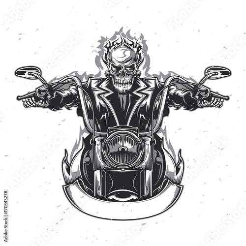 T-shirt or poster design with illustrated skeleton riding on the motorcycle.