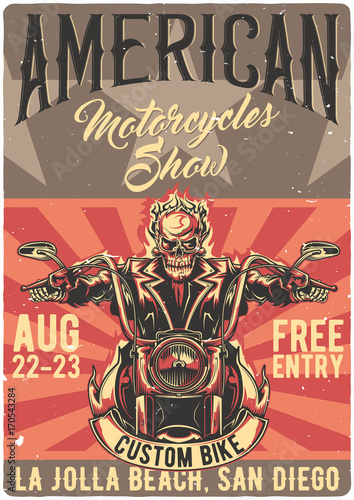 T-shirt or poster design with illustrated skeleton riding on the motorcycle.