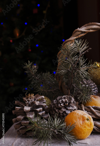 Christmas card with fir branches and decoration