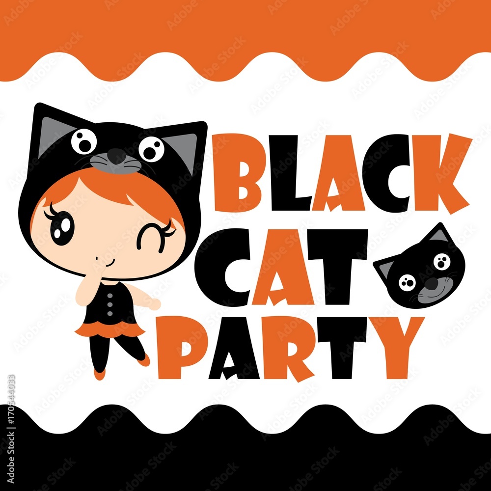Cute black cat girl in black cat party vector cartoon illustration for ...