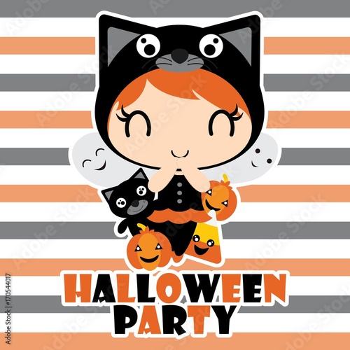 Cute black cat girl, Jack O Lantern and ghosts in Halloween party vector cartoon illustration for halloween card design, wallpaper and kid t-shirt design