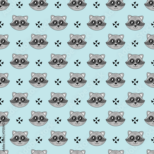 Cute kids pattern for girls and boys. Colorful raccoon, stars on the abstract background create a fun cartoon drawing. The background is made in pastel colors. Urban backdrop for textile and fabric.