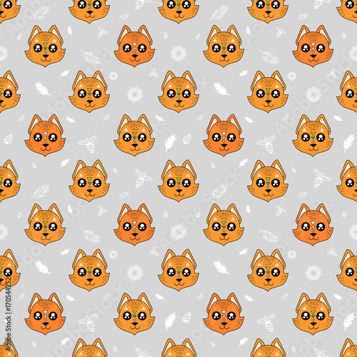 Cute kids pattern for girls and boys. Colorful fox on the abstract background create a fun cartoon drawing. The background is made in pastel colors. Urban backdrop for textile and fabric.
