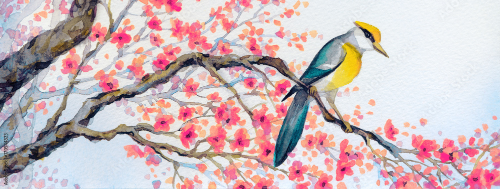 Fototapeta premium Beautiful bird on flowering branch. Watercolor painting