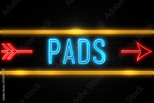 Pads - fluorescent Neon Sign on brickwall Front view