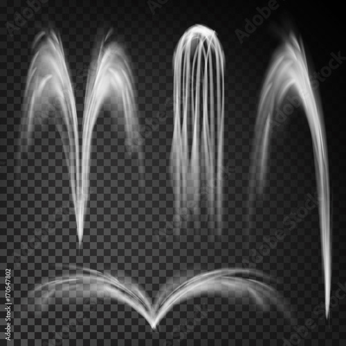 Fountains With Water Jets Vector. Set Of Different Fountains Various. Isolated On Transparent Background.