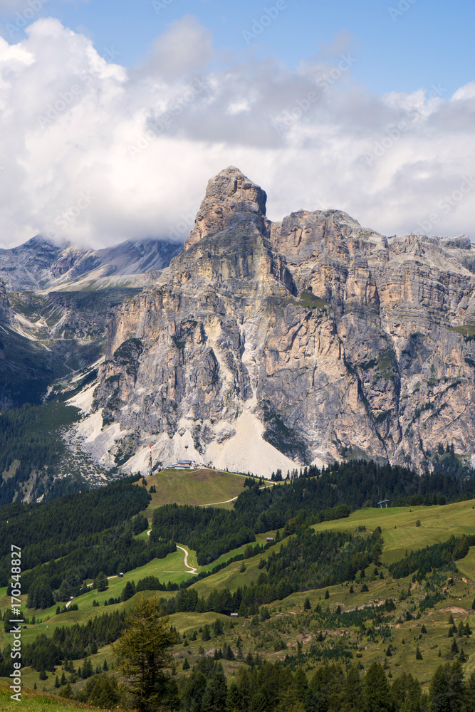 Dolomite Alps. View on Sassongher peak. Alta Badia, Sud Tirol, Italy