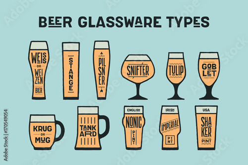 Beer glassware types. Poster or banner with different types of glass and mug for beer. Colorful graphic design for print, advertising. Poster for bar, pub, restaurant, beer theme. Vector Illustration