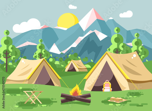 Vector illustration cartoon nature national park landscape three tents with backpack, bonfire, open fire snack sandwiches camping hiking daytime sunny day outdoor background mountains flat style